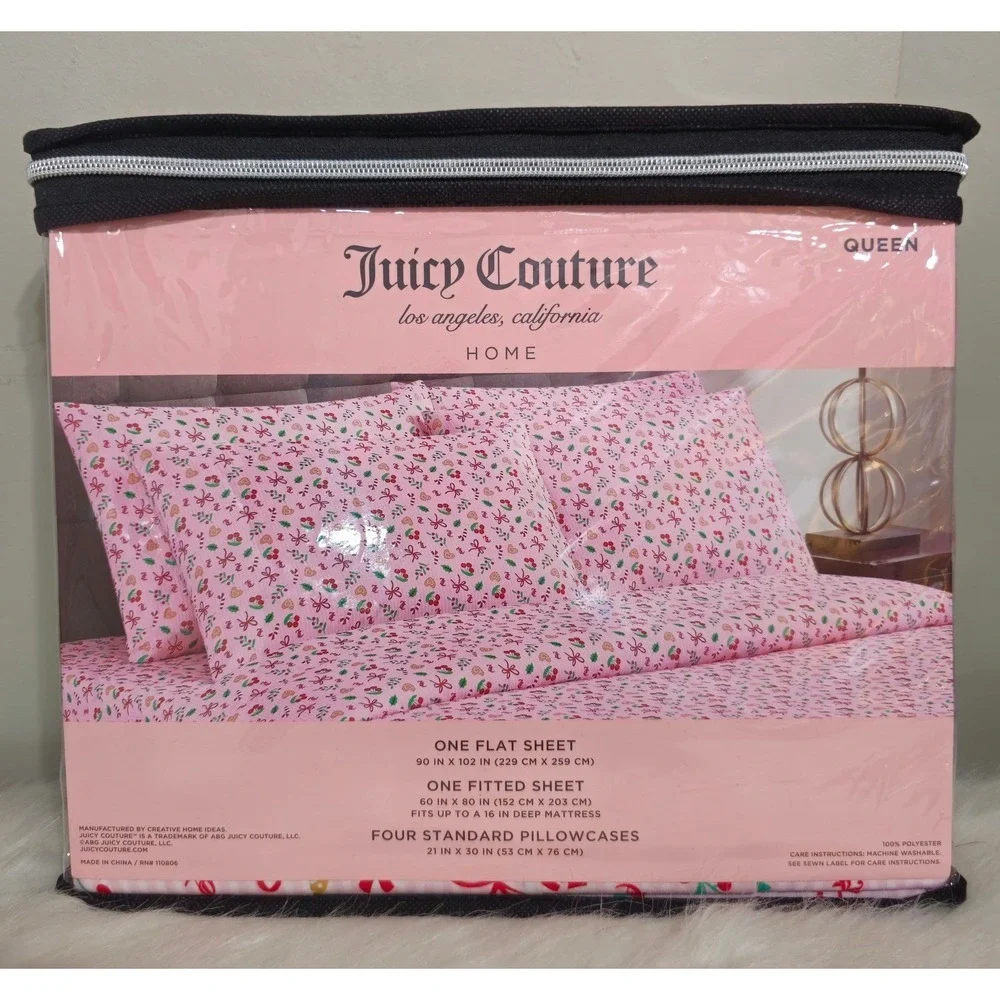 Juicy Couture Christmas Pink Green Queen‎ Sheet Set Los Angeles NWT